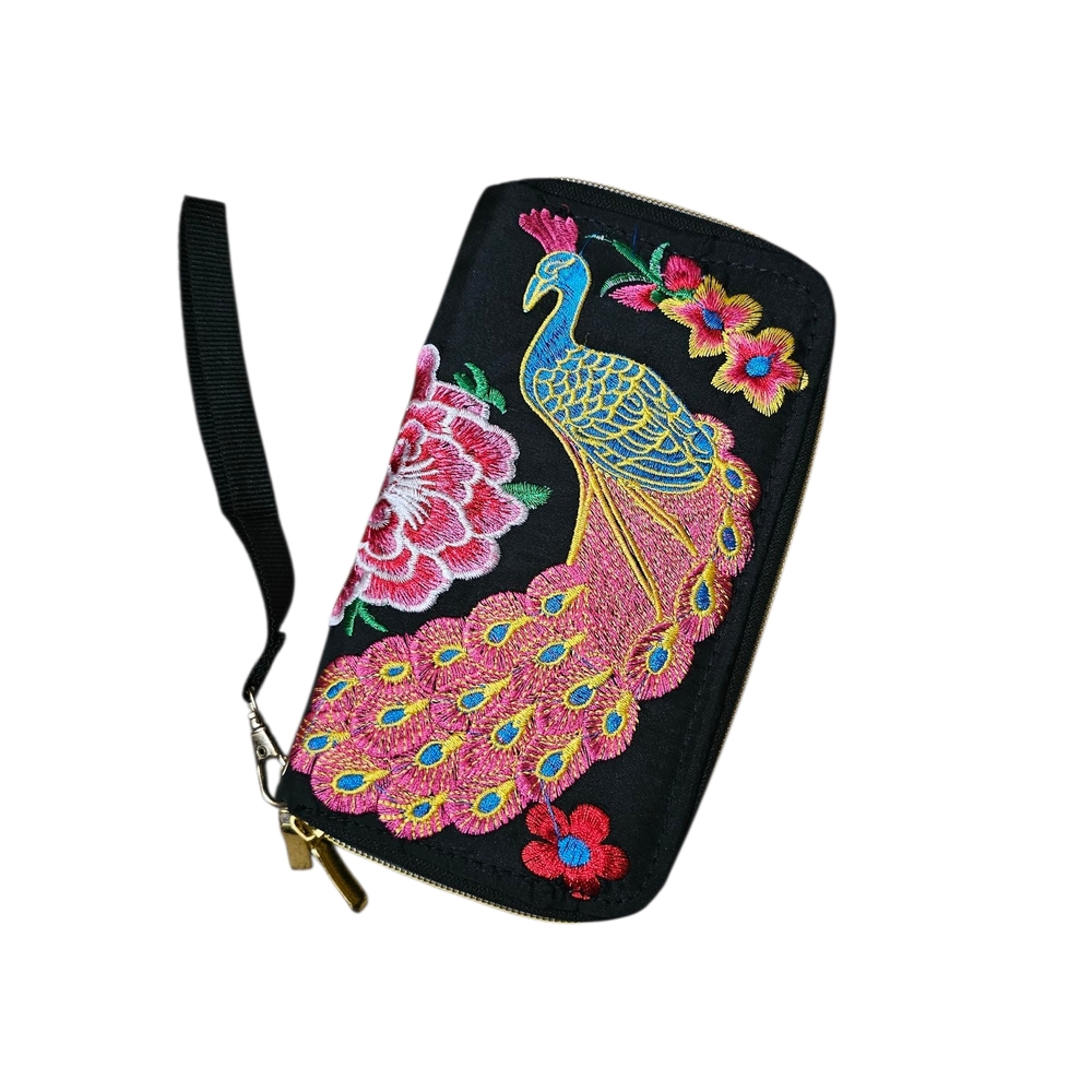 Boho Black Wristlet with Peacock Embroidery